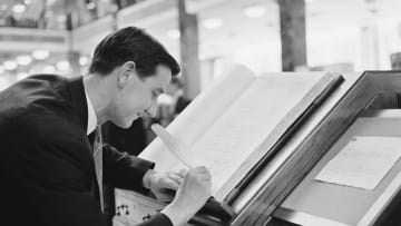 The underwriting room at Lloyd's of London circa 1960.
