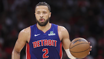 Oct 24, 2025; Houston, Texas, USA; Detroit Pistons guard Cade Cunningham (2) brings the ball up the court during the fourth quarter against the Houston Rockets at Toyota Center. Mandatory Credit: Troy Taormina-Imagn Images