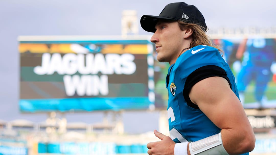 Jacksonville Jaguars quarterback Trevor Lawrence (16) runs off the field after the game of an NFL football matchup at EverBank Stadium, Sunday, Dec. 14, 2025, in Jacksonville, Fla. The Jaguars defeated the Jets 48-20. 