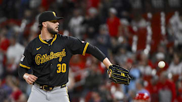 Pittsburgh Pirates starting pitcher Paul Skenes (30) receives a new base ball after giving up a two run double to St. Louis Cardinals first baseman Alec Burleson (not pictured) during the sixth inning at Busch Stadium on May 6.