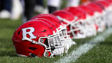Nov 20, 2021; University Park, Pennsylvania, USA; A detailed view of the Rutgers Scarlet Knights football helmets during a warmup prior to the game against the Penn State Nittany Lions at Beaver Stadium. Mandatory Credit: Matthew OHaren-Imagn Images