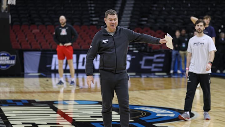 Mar 26, 2025; Newark, NJ, USA; Arizona Wildcats head coach Tommy Lloyd during a practice session in preparation for an East Regional semifinal game against the Duke basketball team at Prudential Center.