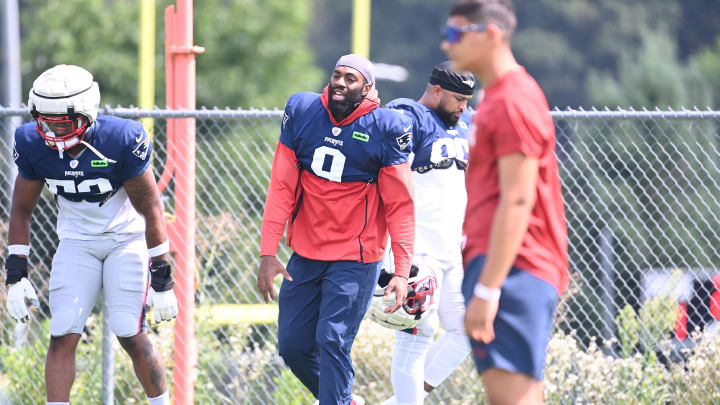 Aug 03, 2024; Foxborough, MA, USA; New England Patriots linebacker Matthew Judon (9) warms up during training camp at Gillette Stadium. Mandatory Credit: Eric Canha-USA TODAY Sports