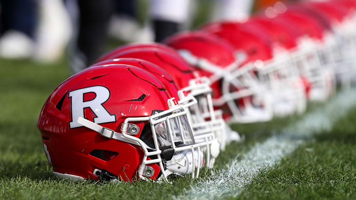 Nov 20, 2021; University Park, Pennsylvania, USA; A detailed view of the Rutgers Scarlet Knights football helmets during a warmup prior to the game against the Penn State Nittany Lions at Beaver Stadium. Mandatory Credit: Matthew OHaren-Imagn Images Nov 20, 2021; University Park, Pennsylvania, USA; A detailed view of the Rutgers Scarlet Knights football helmets during a warmup prior to the game against the Penn State Nittany Lions at Beaver Stadium. Mandatory Credit: Matthew OHaren-Imagn Images