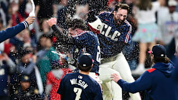 Aug 29, 2025; Cleveland, Ohio, USA; Cleveland Guardians left fielder Steven Kwan (38) celebrates with teammates after hitting a game winning sacrifice fly against the Seattle Mariners during the ninth inning at Progressive Field. Mandatory Credit: Ken Blaze-Imagn Images
