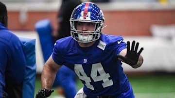May 9, 2025; East Rutherford, NJ, USA; New York Giants running back Cam Skattebo (44) participates in a drill during rookie minicamp at Quest Diagnostics Training Center.  
