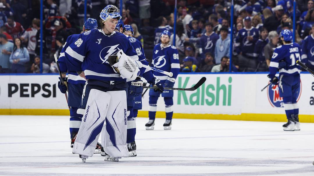 May 3, 2026; Tampa, Florida, USA; Tampa Bay Lightning goalie Andrei Vasilevskiy (88) reacts to losing to the Montreal Canadiens in game seven of the first round of the 2026 Stanley Cup Playoffs at Benchmark International Arena. Mandatory Credit: Morgan Tencza-Imagn Images