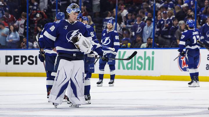 May 3, 2026; Tampa, Florida, USA; Tampa Bay Lightning goalie Andrei Vasilevskiy (88) reacts to losing to the Montreal Canadiens in game seven of the first round of the 2026 Stanley Cup Playoffs at Benchmark International Arena. Mandatory Credit: Morgan Tencza-Imagn Images