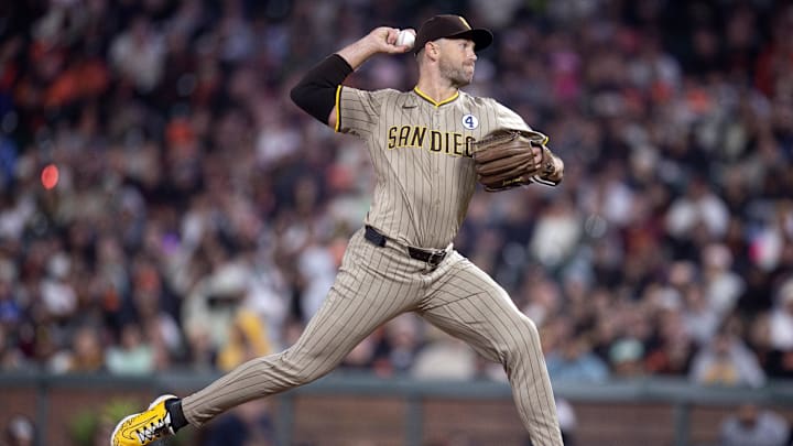 Jun 2, 2025; San Francisco, California, USA; San Diego Padres pitcher Jason Adam (40) delivers a pitch against the San Francisco Giants during the eighth inning at Oracle Park. Mandatory Credit: D. Ross Cameron-Imagn Images