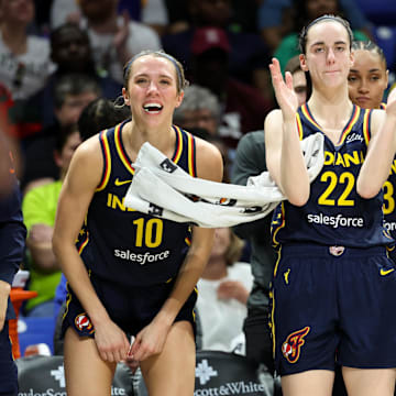 May 3, 2024; Dallas, Texas, USA; Indiana Fever guard Caitlin Clark (22) and Indiana Fever guard Lexie Hull (10) and Indiana Fever guard Erica Wheeler (17) react during the second half against the Dallas Wings at College Park Center.  Mandatory Credit: Kevin Jairaj-Imagn Images