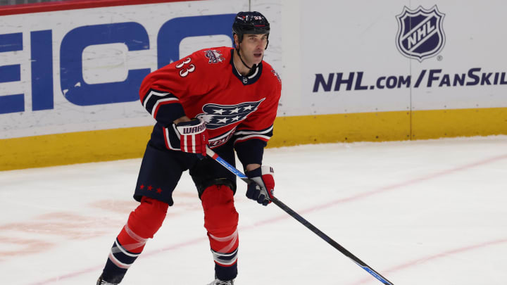 Mar 9, 2021; Washington, District of Columbia, USA; Washington Capitals defenseman Zdeno Chara (33) skates with the puck against the New Jersey Devils at Capital One Arena. Mandatory Credit: Geoff Burke-USA TODAY Sports