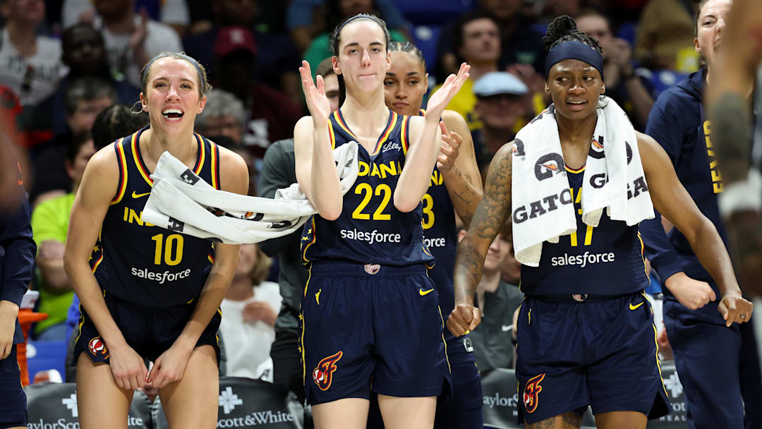 May 3, 2024; Dallas, Texas, USA; Indiana Fever guard Caitlin Clark (22) and Indiana Fever guard Lexie Hull (10) and Indiana Fever guard Erica Wheeler (17) react during the second half against the Dallas Wings at College Park Center.  Mandatory Credit: Kevin Jairaj-Imagn Images