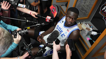 Duke Blue Devils center Khaman Maluach is interviewed during open locker room at Alamodome.