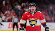 Nov 13, 2025; Sunrise, Florida, USA; Florida Panthers left wing Brad Marchand (63) looks on after the game against the Washington Capitals at Amerant Bank Arena. Mandatory Credit: Sam Navarro-Imagn Images