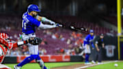 Sep 3, 2025; Cincinnati, Ohio, USA; Toronto Blue Jays shortstop Bo Bichette (11) hits a fielder’s choice RBI in the eighth inning against the Cincinnati Reds at Great American Ball Park. Mandatory Credit: Katie Stratman-Imagn Images