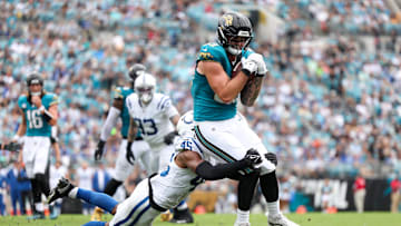 Oct 6, 2024; Jacksonville, Florida, USA; Indianapolis Colts linebacker E.J. Speed (45) tackles Jacksonville Jaguars tight end Luke Farrell (89) short if the end zone in the second quarter at EverBank Stadium. Mandatory Credit: Nathan Ray Seebeck-Imagn Images