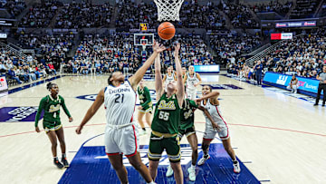 Carla Brito (55), shown here in a game earlier this season at UConn, had a strong game Saturday at FAU. She had 16 points, nine rebounds, four assists, and played all 40 minutes.