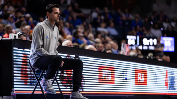 Feb 28, 2024; Gainesville, Florida, USA; Florida Gators head coach Todd Golden looks on from a chair against the Missouri Tigers during the second half at Exactech Arena at the Stephen C. O'Connell Center. Mandatory Credit: Matt Pendleton-USA TODAY Sports