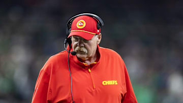 Feb 9, 2025; New Orleans, LA, USA;  Kansas City Chiefs head coach Andy Reid against the Philadelphia Eagles in Super Bowl LIX at Ceasars Superdome. Mandatory Credit: Mark J. Rebilas-Imagn Images