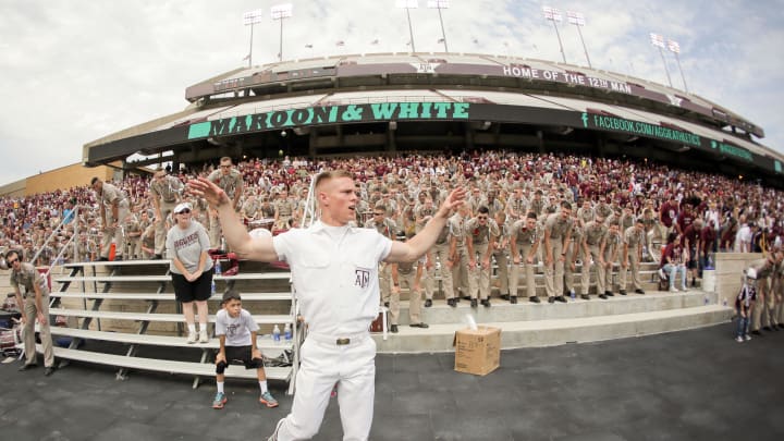 Apr 13, 2013; College Station, TX, USA; Texas A&M Aggies yell leader performs during the 2013