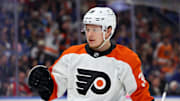 Apr 17, 2025; Buffalo, New York, USA;  Philadelphia Flyers right wing Matvei Michkov (39) reacts after scoring a goal during the first period against the Buffalo Sabres at KeyBank Center. Mandatory Credit: Timothy T. Ludwig-Imagn Images