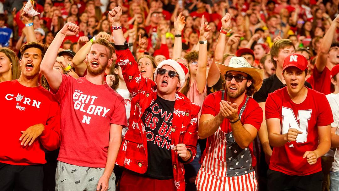 Oct 1, 2022; Lincoln, Nebraska, USA; Nebraska Cornhuskers fans cheer during a break between quarters against the Indiana Hoosiers at Memorial Stadium.