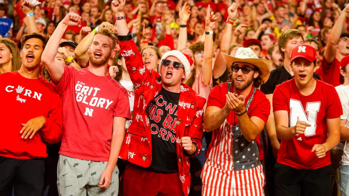 Oct 1, 2022; Lincoln, Nebraska, USA; Nebraska Cornhuskers fans cheer during a break between quarters against the Indiana Hoosiers at Memorial Stadium.