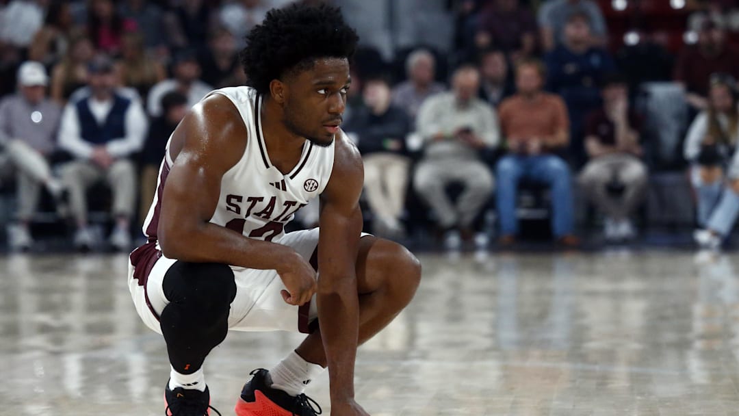 Mar 4, 2025; Starkville, Mississippi, USA; Mississippi State Bulldogs guard Josh Hubbard (12) looks on during the first half against the Texas Longhorns at Humphrey Coliseum. Mandatory Credit: Petre Thomas-Imagn Images