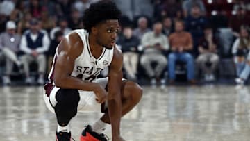 Mar 4, 2025; Starkville, Mississippi, USA; Mississippi State Bulldogs guard Josh Hubbard (12) looks on during the first half against the Texas Longhorns at Humphrey Coliseum. Mandatory Credit: Petre Thomas-Imagn Images