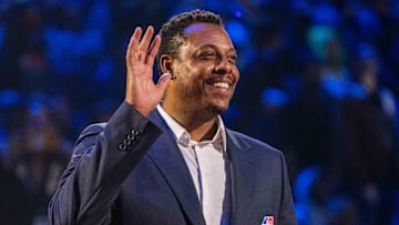 February 20, 2022; Cleveland, Ohio, USA; NBA great Paul Pierce is honored for being selected to the NBA 75th Anniversary Team during halftime in the 2022 NBA All-Star Game at Rocket Mortgage FieldHouse. Mandatory Credit: Kyle Terada-Imagn Images