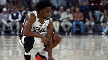 Mar 4, 2025; Starkville, Mississippi, USA; Mississippi State Bulldogs guard Josh Hubbard (12) looks on during the first half against the Texas Longhorns at Humphrey Coliseum. Mandatory Credit: Petre Thomas-Imagn Images