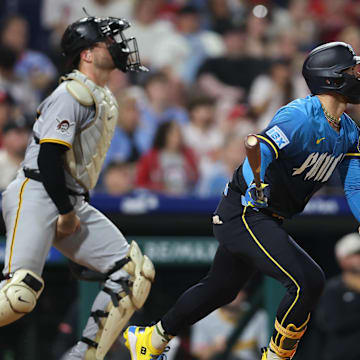 May 16, 2025; Philadelphia, Pennsylvania, USA; Philadelphia Phillies first base Bryce Harper (3) hits his 1000 career RBI on a single during the fifth inning against the Pittsburgh Pirates at Citizens Bank Park. Mandatory Credit: Bill Streicher-Imagn Images
