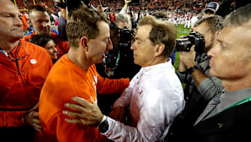 Jan 7, 2019; Santa Clara, CA, USA; Clemson Tigers head coach Dabo Swinney and Alabama Crimson Tide head coach Nick Saban shake hands after the 2019 College Football Playoff Championship.