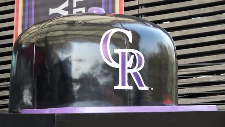 Apr 27, 2024; Mexico City, Mexico; A large Colorado Rockies helmet at the MLB World Tour Mexico Series game at Estadio Alfredo Harp Helu. Mandatory Credit: Kirby Lee-Imagn Images