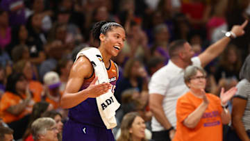 Aug 7, 2025; Phoenix, Arizona, USA; Phoenix Mercury forward Alyssa Thomas (25) celebrates against the Indiana Fever at PHX Arena. Mandatory Credit: Mark J. Rebilas-Imagn Images

