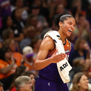 Aug 7, 2025; Phoenix, Arizona, USA; Phoenix Mercury forward Alyssa Thomas (25) celebrates against the Indiana Fever at PHX Arena. Mandatory Credit: Mark J. Rebilas-Imagn Images
