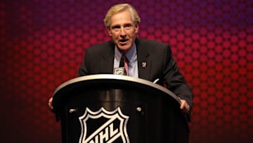 Jun 27, 2014; Philadelphia, PA, USA; Arizona Coyotes general manager Don Maloney announces Brendan Perlini (not pictured) as the number twelve overall pick to the Arizona Coyotes in the first round of the 2014 NHL Draft at Wells Fargo Center. Mandatory Credit: Bill Streicher-Imagn Images