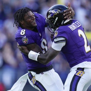 Nov 5, 2023; Baltimore, Maryland, USA;  Baltimore Ravens quarterback Tyler Huntley (2) celebrates his touchdown against the Seattle Seahawks with Baltimore Ravens quarterback Lamar Jackson (8) during the fourth quarter at M&T Bank Stadium. Mandatory Credit: Jessica Rapfogel-USA TODAY Sports