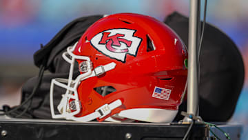 Nov 24, 2024; Charlotte, North Carolina, USA; Kansas City Chiefs helmet during pregame warmups against the Carolina Panthers at Bank of America Stadium. Mandatory Credit: Jim Dedmon-Imagn Images