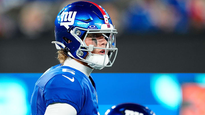 New York Giants quarterback Jaxson Dart (6) is shown during the first quarter, Thursday, August 21, 2025, in East Rutherford.