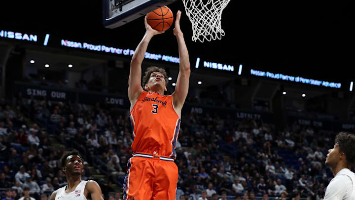 Dec 2, 2023; University Park, Pennsylvania, USA; Bucknell Bison center Noah Williamson (3) drives the ball to the basket during the second half against the Penn State Nittany Lions at Bryce Jordan Center. Bucknell defeated Penn State 76-67. Mandatory Credit: Matthew O'Haren-Imagn Images Dec 2, 2023; University Park, Pennsylvania, USA; Bucknell Bison center Noah Williamson (3) drives the ball to the basket during the second half against the Penn State Nittany Lions at Bryce Jordan Center. Bucknell defeated Penn State 76-67. Mandatory Credit: Matthew O'Haren-Imagn Images