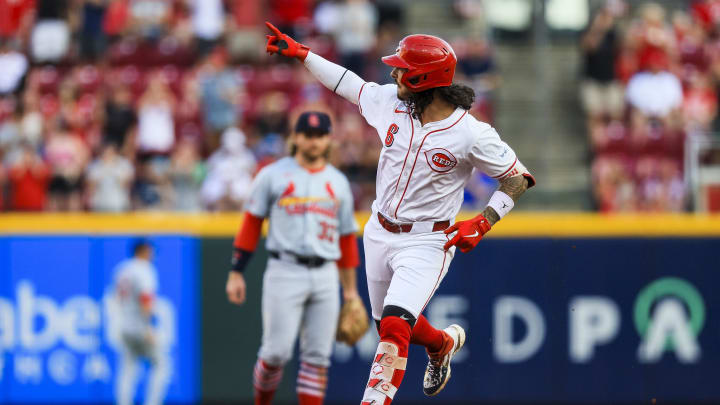 Aug 14, 2024; Cincinnati, Ohio, USA; Cincinnati Reds second baseman Jonathan India (6) reacts after hitting a three-run home run in the third inning against the St. Louis Cardinals at Great American Ball Park. Mandatory Credit: Katie Stratman-USA TODAY Sports