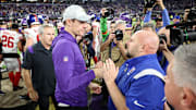 Jan 15, 2023; Minneapolis, Minnesota, USA; Minnesota Vikings head coach Kevin O'Connell and New York Giants head coach Brian Daboll embrace after a wild card game at U.S. Bank Stadium.