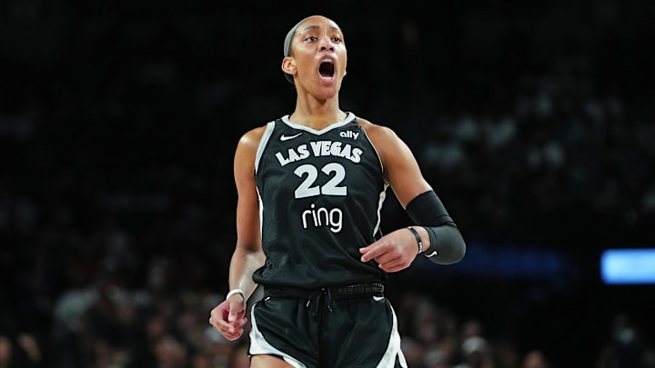 Las Vegas Aces center A'ja Wilson (22) reacts after missing a basket against the Phoenix Mercury during the third quarter of game one of the 2025 WNBA Finals at Michelob Ultra Arena. 
