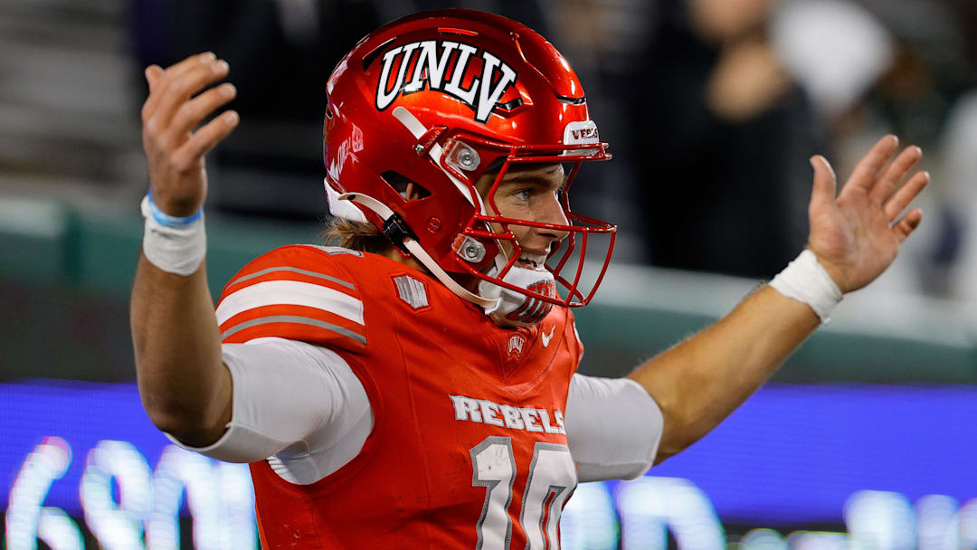 UNLV Rebels quarterback Anthony Colandrea (10) celebrates after his touchdown in the third quarter against the Colorado State Rams at Sonny Lubick Field at Canvas Stadium. Mandatory Credit: Isaiah J. Downing-Imagn Images