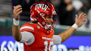 UNLV Rebels quarterback Anthony Colandrea (10) celebrates after his touchdown in the third quarter against the Colorado State Rams at Sonny Lubick Field at Canvas Stadium. Mandatory Credit: Isaiah J. Downing-Imagn Images