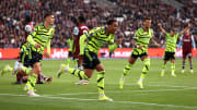 Gabriel celebrates one of Arsenal's four first-half goals