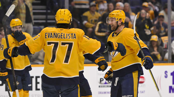 Mar 21, 2026; Nashville, Tennessee, USA;  Nashville Predators center Steven Stamkos (91) celebrates with his teammates after scoring a goal against the Vegas Golden Knights during the first period at Bridgestone Arena. Mandatory Credit: Steve Roberts-Imagn Images