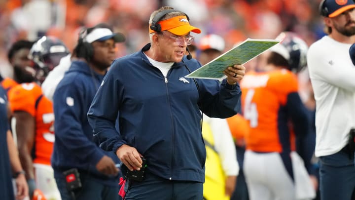 Sep 10, 2023; Denver, Colorado, USA; Denver Broncos head coach Sean Payton during the game against the Las Vegas Raiders at Empower Field at Mile High. Mandatory Credit: Ron Chenoy-USA TODAY Sports