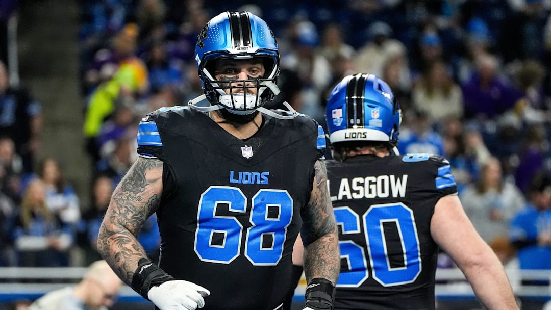 Detroit Lions offensive tackle Taylor Decker (68) warms up before the game between Detroit Lions and Minnesota Vikings at Ford Field in Detroit on Sunday, Jan. 5, 2025. Detroit Lions offensive tackle Taylor Decker (68) warms up before the game between Detroit Lions and Minnesota Vikings at Ford Field in Detroit on Sunday, Jan. 5, 2025.